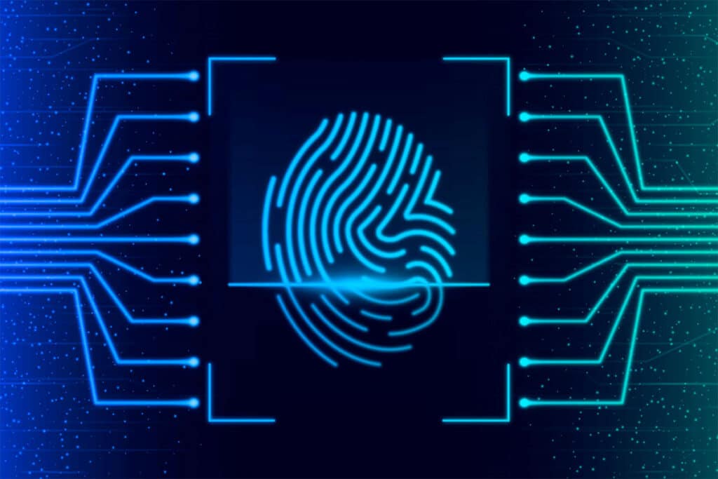 ai-in-communications-louise-cunningham-article-blog AI in communications blog cover showing a digital fingerprint with graphic overlays indicating technology