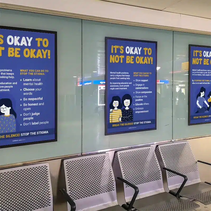 Example of an internal health and safety campaign for mental illness in the workplace showing a series of poster designs