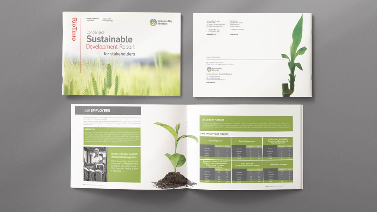 Example of sustainability report design RBM Rio Tinto designed by CommsKit