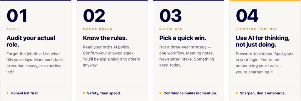 4 steps to incorporating AI into internal comms
1 - audit what you do do
2 - know your company rules
3 - pick a quick win
4 - use AI strategically
