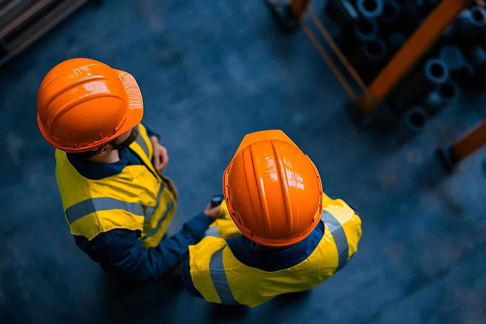 Two frontline workers wearing safety PPE, seen from a top view as an article header for HSE campaign ideas