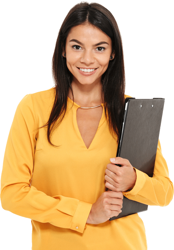 A young female brand identity manager holding a clipboard and looking at the camera
