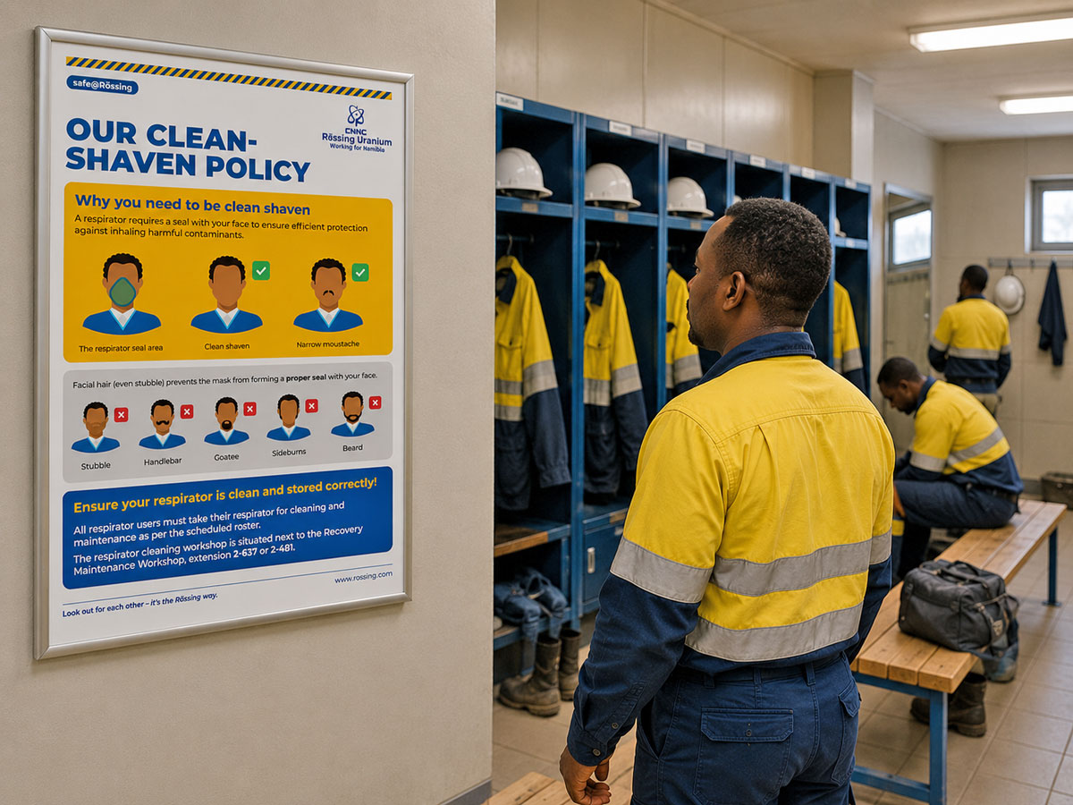 employee-engagement-campaigns-mining-rossing-commskit Employee engagement campaign showing a frontline worker in a change room looking at a poster