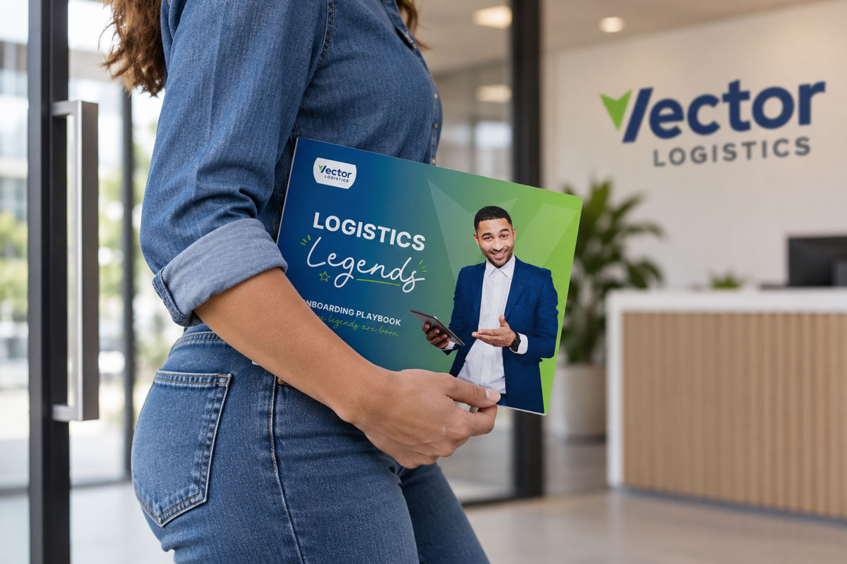 Employee onboarding campaign with for logistics company showing a woman holding an onboarding programme