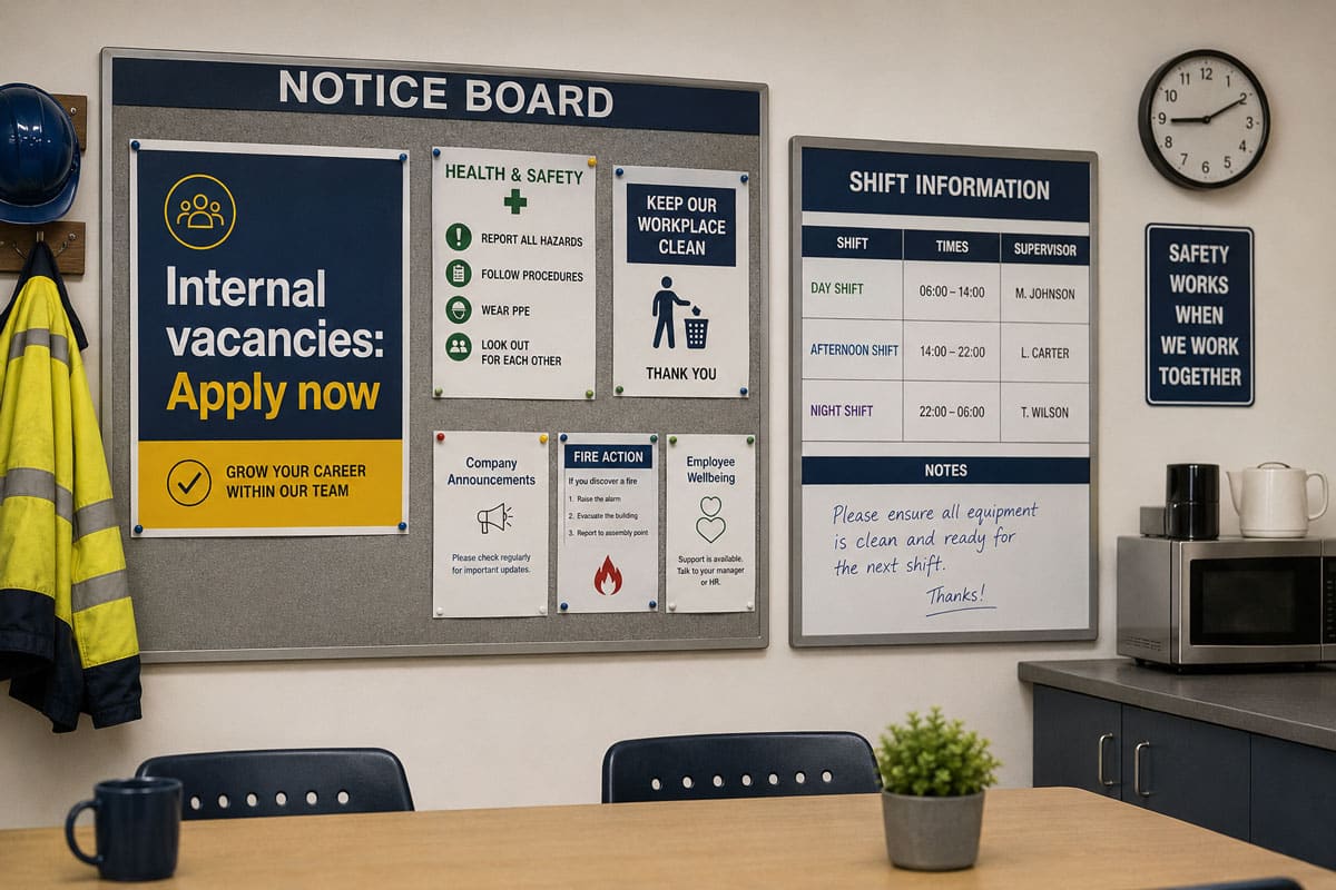 employer-brand-frontline-workers-commskit-blog Notice board and shift information in an industrial break room, showing employer brand for frontline workers in practice