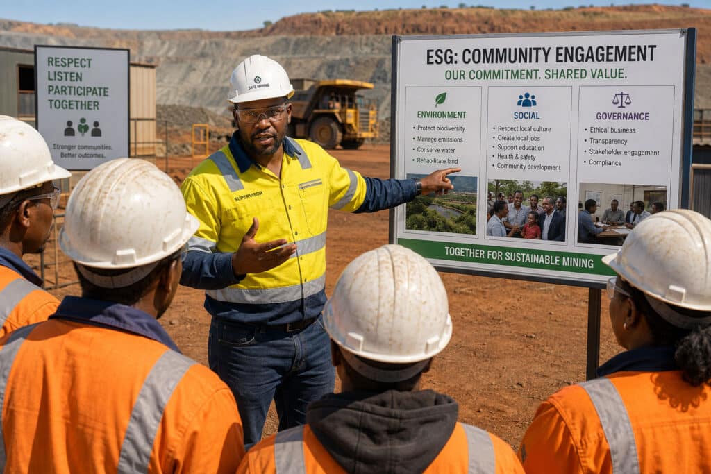 esg-community-engagement-mining-commskit-blog Mining supervisor briefing frontline workers on ESG community engagement in mining projects on site