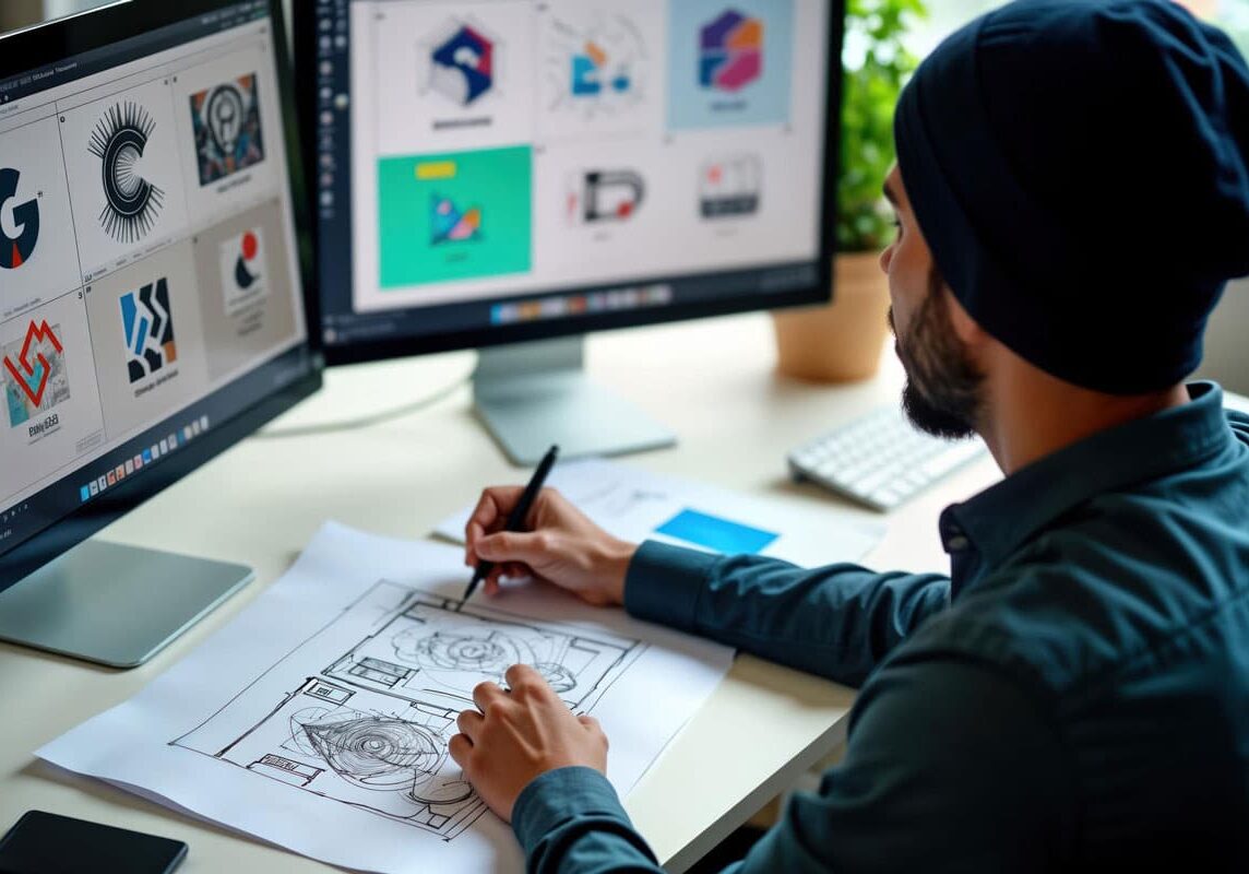 Brandkit brand identity designer working at his computer and designing logos